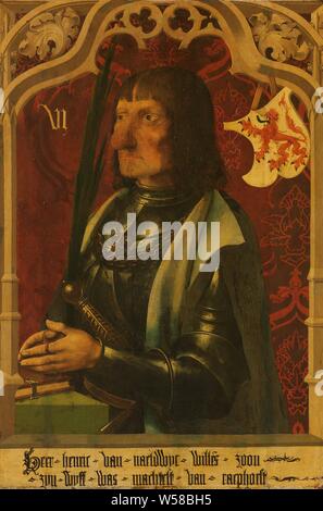 Portrait of Henry IV of Naaldwijk (c.1430-96), Knight and Hereditary Marshall of Holland. Kneeling in armor, a book in front of him. Top right the family crest., anonymous, Noord-Nederland (possibly), c. 1500 - c. 1506, panel, oil paint (paint), support: h 79.9 cm × w 54.4 cm t 2.0 cm d 6.0 cm Stock Photo