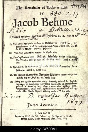 The remainder of books written by Jacob Behme, viz. I. The first apologie to Balthazar Tylcken ... II. The second apologie in answer to Balthazar Tylcken ... III. The fouer complexions ... IV. The considerations upon Esaiah Stiefel's booke concerning the threefold state of man and the new birth ... V. The apologie in answer to Esaiah Stiefel concerning perfection ... VI. The apologie in answer to Gregory Rickter ... for the way to Christ ... VII. Twenty five epistles more than the 35. formerly printed in English, with 2 ... which make 62 in all, also 1 epistle more of his own hand writing Stock Photo