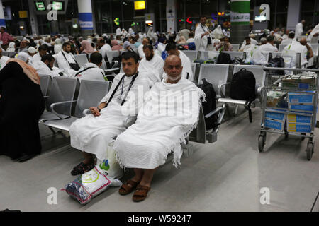 July 26, 2019, Rafah, Sinai, Egypt: The journey of Palestinian pilgrims to attend the annual pilgrimage to Mecca (Hajj) from the Rafah crossing border to Jeddah airport through Egypt's Cairo airport, July 25, 2019. The Hajj (pilgrimage) is an annual Islamic pilgrimage to Mecca, Saudi Arabia, the holiest city for Muslims, and a mandatory religious duty for Muslims that must be carried out at least once in their lifetime Credit: Ashraf Amra/APA Images/ZUMA Wire/Alamy Live News Stock Photo