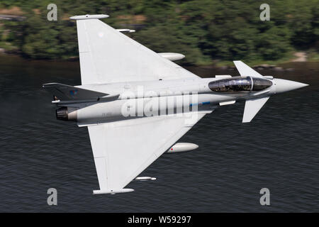 RAF Typhoon FGR.4 ZK362 flying at low level over Ullswater in the English Lake District Stock Photo