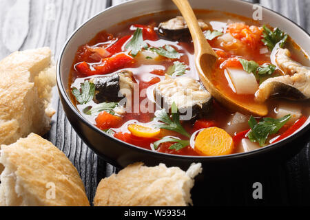 Vegetable soup with eel fish and tomatoes closeup in a bowl on the table. horizontal Stock Photo
