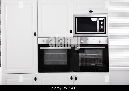 Modern Luxury Kitchen With Built In Electric Ovens In The Cabinet Stock Photo
