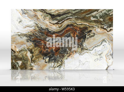 Multicolor marble tile standing on the white background with reflections and shadows. Texture for design. 2D illustration. Natural beauty Stock Photo