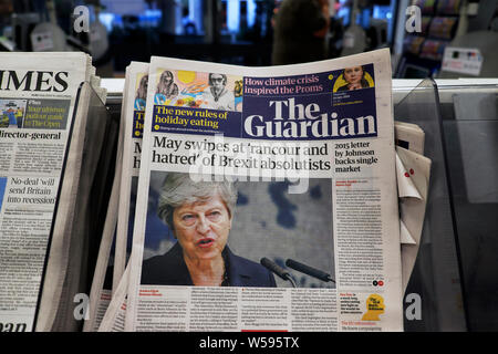 'May swipes at 'rancour and hatred' of Brexit absolutists' Guardian newspaper headline front page on newsstand 18 July 2019 London England UK Stock Photo