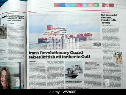 'Iran's Revolutionary Guard seizes British oil tanker in Gulf' i newspaper headline in August 2019 London UK Stock Photo