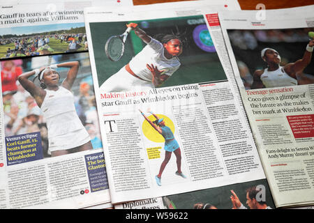 Cori Gauff  'All eyes on rising star Gauff as Winbledon begins' Guardian newspaper headlines and articles on American tennis teen June 2019 London UK Stock Photo