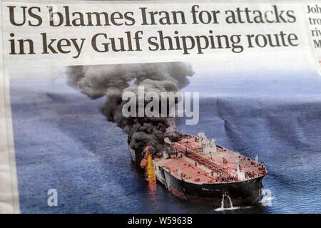 'US blames Iran for attacks in key Gulf shipping route' Guardian newspaper headline 14 June 2019 London UK Stock Photo