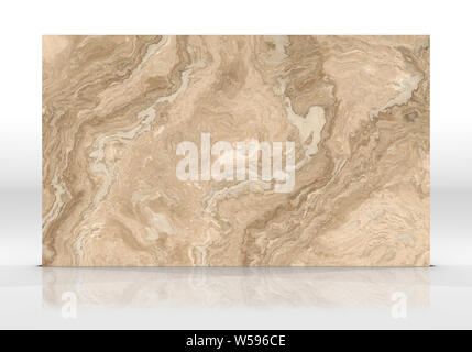 Travertine marble tile standing on the white background with reflections and shadows. Texture for design. 2D illustration. Natural beauty Stock Photo