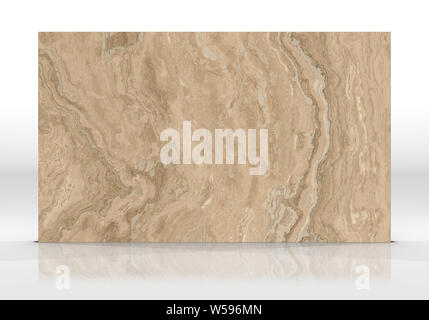 Travertine marble tile standing on the white background with reflections and shadows. Texture for design. 2D illustration. Natural beauty Stock Photo