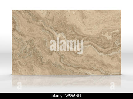 Travertine marble tile standing on the white background with reflections and shadows. Texture for design. 2D illustration. Natural beauty Stock Photo