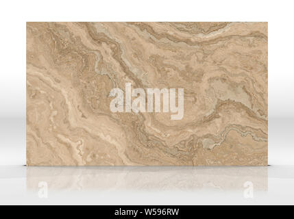 Travertine marble tile standing on the white background with reflections and shadows. Texture for design. 2D illustration. Natural beauty Stock Photo
