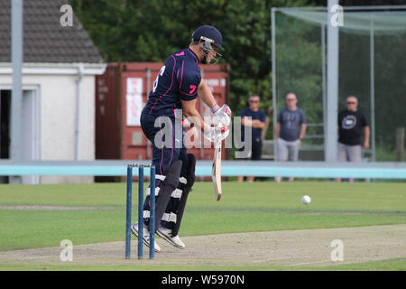 The Lawn, Waringstown, Northern Ireland, UK. 26th July, 2019. The Lagan Valley Steels Twenty 20 Cup Final 2019. CIYMS v Waringstown (red). Action from this evening's final. Credit: David Hunter/Alamy Live News. Stock Photo