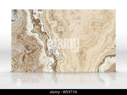 Travertine marble tile standing on the white background with reflections and shadows. Texture for design. 2D illustration. Natural beauty Stock Photo
