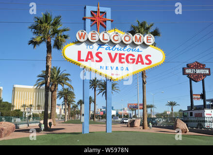 The famous Welcome to Las Vegas sign on the entrance to the city on Las Vegas Boulevard, Nevada Stock Photo