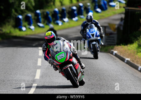 Armoy Northern Ireland. 26th July, 2019. Armoy Road Races The Race of Legends; qualifying; Neil Kernohan (McCloy Kawasaki) in action during SuperTwin qualifying Credit: Action Plus Sports/Alamy Live News Stock Photo