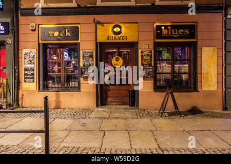 Poznan, Poland, Nov 2017: old Market Square at night, restaurant, bar, PUB, polish cuisine Stock Photo