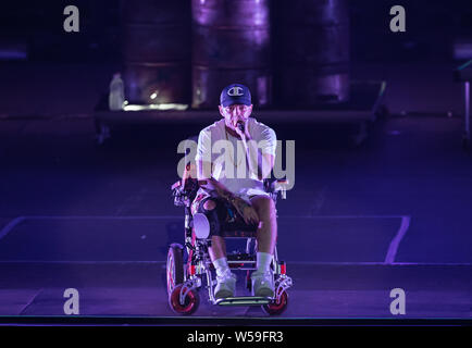 Naples, Italy. 26th July, 2019. The italian rap rock singer and songwriter Maurizio Pisciottu known as Salmo performing live during the 'Playlist Summer Tour' at Noisy Fest in Naples. Credit: SOPA Images Limited/Alamy Live News Stock Photo