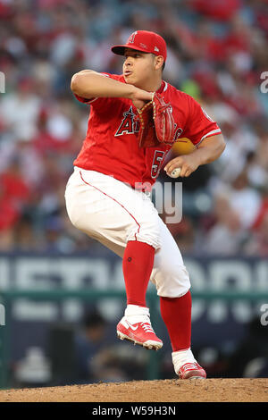 Anaheim, California, USA. July 25, 2019: Los Angeles Angels pitcher Jose Suarez (54) makes the start for the Angels during the game between the Baltimore Orioles and the Los Angeles Angels of Anaheim at Angel Stadium in Anaheim, CA, (Photo by Peter Joneleit, Cal Sport Media) Credit: Cal Sport Media/Alamy Live News Stock Photo