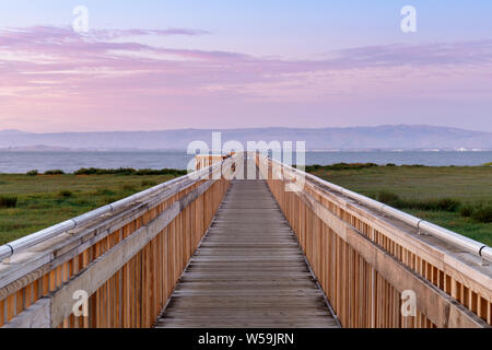 Twilight over the new boardwalk at Baylands Nature Preserve. Stock Photo