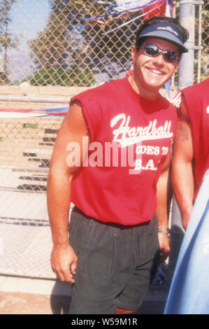 Los Angeles, California, USA 12th October 1994 Professional baseball  players Eric Karros and Mike Piazza of the Dodgers attend Hardball Goes To  B.A.T. baseball game on October 12, 1994 in Los Angeles