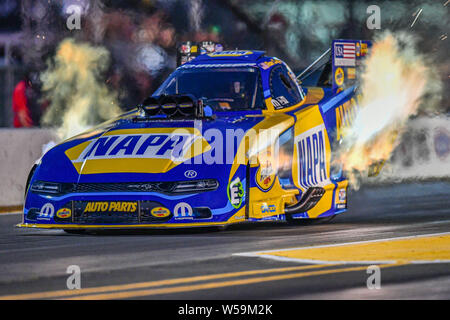 Sonoma, California, USA. 26th July, 2019. Ron Capps drives the NAPA auto parts funny car during the NHRA Sonoma Nationals at Sonoma Raceway in Sonoma, California. Chris Brown/CSM/Alamy Live News Stock Photo