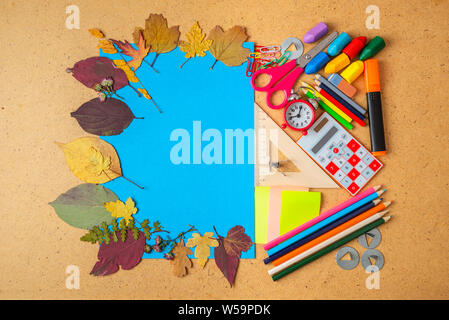 Back to school concept. School supplies on background. Copy space. Stock Photo