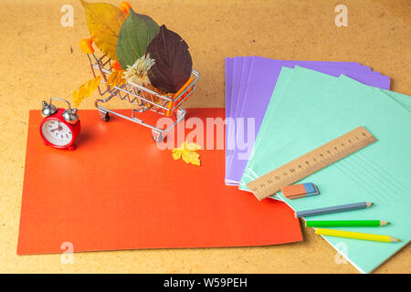 Back to school concept. School supplies on background. Copy space. Stock Photo