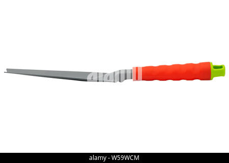 Garden root remover made of alloy steel with plastic handle. Isolate on white background. Stock Photo