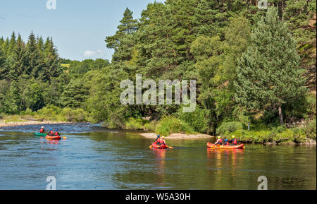 RIVER SPEY SCOTLAND THREE INFLATABLE RED RAFTS AND GREEN CANOE WITH PADDLERS ON THE RIVER Stock Photo