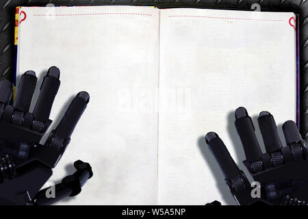 Machine learning placard. Robot reads textbook with copy to space to add text. Futuristic concept of digital knowledge exchange and neuroscience human Stock Photo
