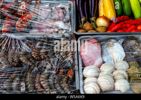 Fresh Seafood Displayed Outside A Beachfront Restaurant, Alona Beach, Bohol, The Philippines Stock Photo