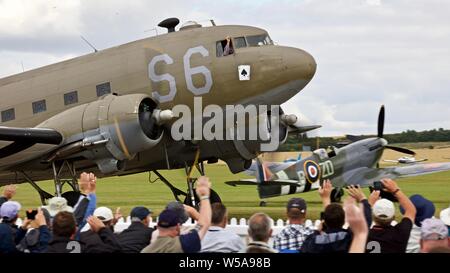 Aces High C-47 taxiing past spectators at the 2019 Flying Legends Airshow on the 14th July 2019 Stock Photo