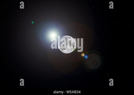 Nice full moon surrounded by lots of stars and behind it a large halo of light from a large star Stock Photo