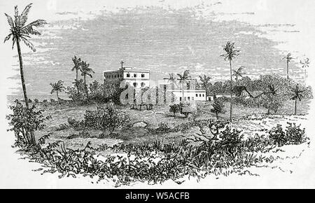 East coast of Africa. The university mission in Mbuenni, Zanzibar. Engraving. Africa inexplorada, el Continente Misterioso by Henry Morton Stanley, c. 1887. Stock Photo