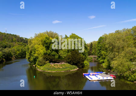 the river Ruhr in the district Werden, the Ruhr island Brehm, Essen, Ruhr Area, Germany.  die Ruhr in Essen-Werden, die Ruhrinsel Brehm, Ruhrgebiet, D Stock Photo