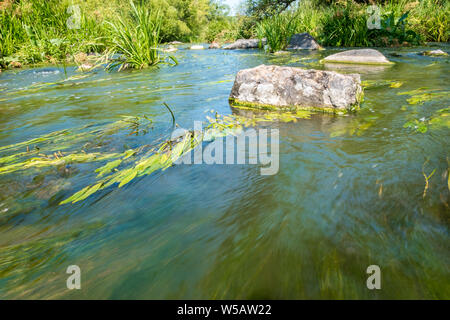A small rapid at the middle of Tikich river with stone boulders. Buky Canyon, Ukraine