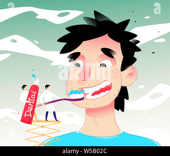 Illustration of a cartoon man cleaning teeth. Vector illustration. The boy is brushing his teeth with paste. Image is isolated on white background. Fl Stock Photo