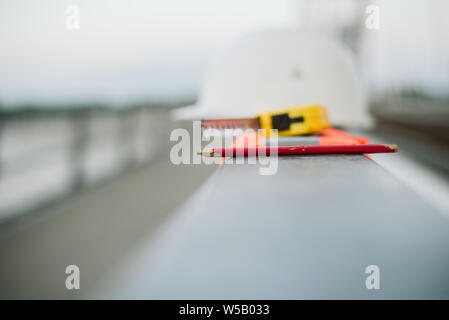 Standard construction safety equipment on the bridge Standard construction safety equipment on the bridge Stock Photo