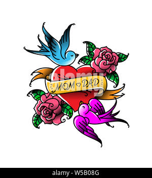 Tattoos with the inscription of Mom and Dad. Two hearts with a flower and a bird. Raster flat tattoo. Congratulation for parents with an anniversary. Stock Photo