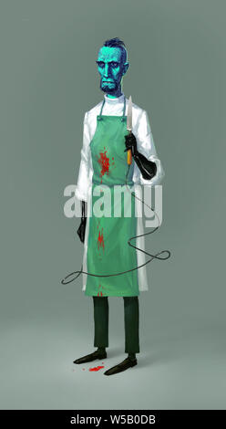 Illustration of a cartoon scientist, professor. Concept sketch Doctors for the film. A pathologist from the morgue. Cute character is a dentist. Anima Stock Photo