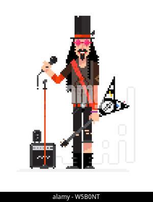 Rock star in pixel technique isolated on white background. Musician with a guitar and a microphone sings. Illustration of a musician with a hat and ta Stock Photo