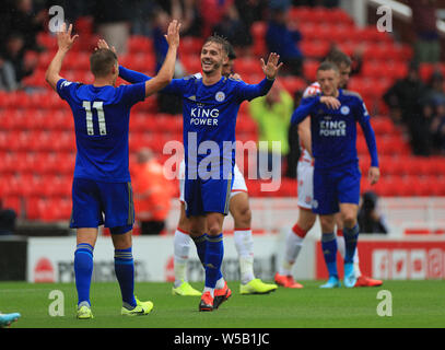 Leicester City's Marc Albrighton celebrates scoring their first goal during the pre-season friendly match at the bet365 Stadium, Stoke. Stock Photo