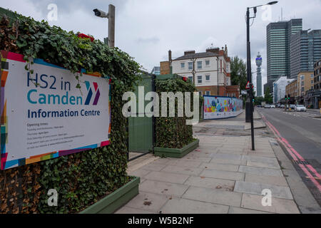 July 2019, HS2 construction signage around Euston Station in London, on ...