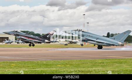 2 German Air Force (Luftwaffe) Eurofighter Typhoons landing at RAF Fairford for the 2019 Royal International Air Tattoo Stock Photo