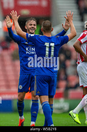 Stoke on trent, Staffordshire, UK. 27th July, 2019. 27th July 2019, Bet365 Stadium, Stoke, North Staffordshire, England; Stoke City versus Leicester City; Marc Albrighton of Leicester City celebrates his goal with James Maddison Credit: Action Plus Sports Images/Alamy Live News Stock Photo