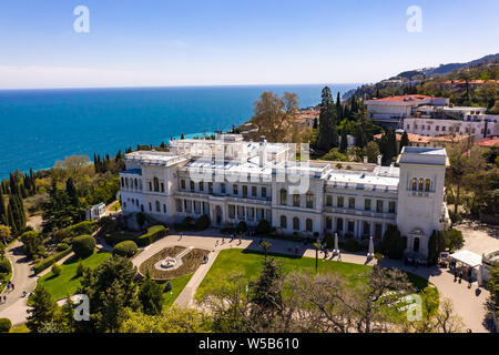 Aerial drone view of Livadia Palace with a beautiful landscaped garden