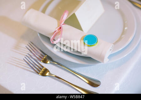 Beautiful table setting, close up. Wedding Table setting in the restaurant. Wed banquet. Stock Photo