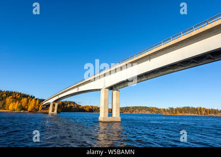 Bridge over Linnunpaanselka lake in autumn in Finnish Lakeland, Järvi-Suomi, Finland Stock Photo