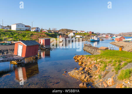 Boats and sheds in the harbor of Farmers Arm near Jenkins Cove, Newfoundland, Canada Stock Photo