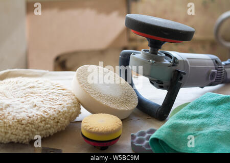 Closeup of several nozzles on the grinder for varying degrees of grinding wood and acrylic, selective focus Stock Photo